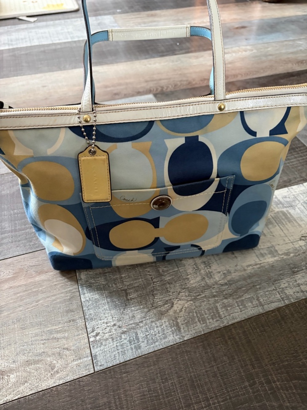 Coach Legacy Scarf Print Satin Signature C Tote 2007 Blue Gold *hangtag added* - Picture 1 of 16